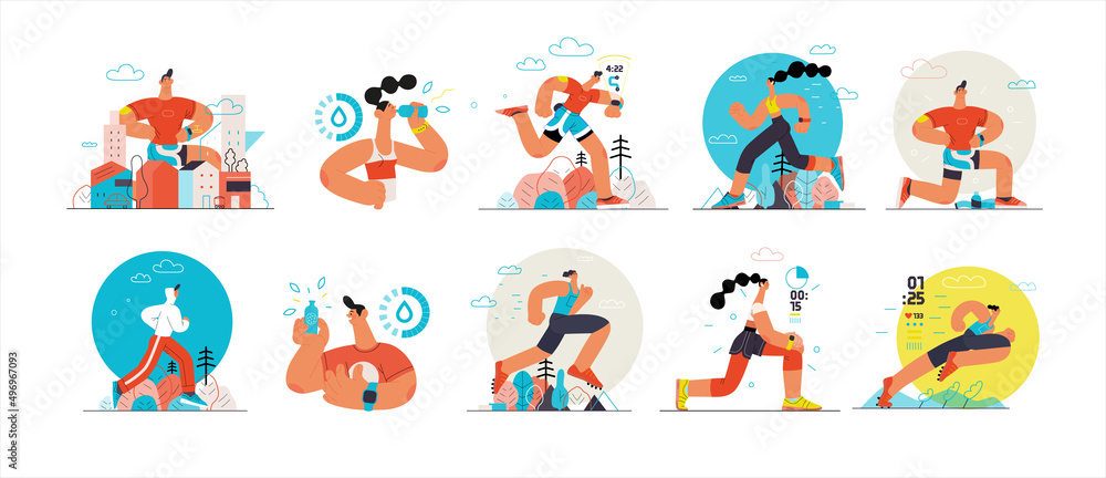 Fototapeta premium Runners set. Flat vector concept illustrations of male and female athletes running in the park, forest, stadium track or street landscape. Healthy activity and lifestyle. Sprint, jogging, warming up.