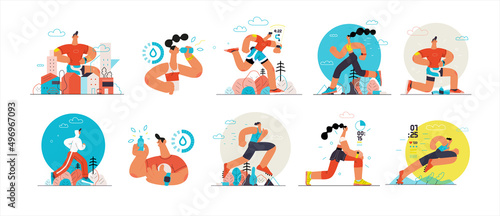 Fototapeta Naklejka Na Ścianę i Meble -  Runners set. Flat vector concept illustrations of male and female athletes running in the park, forest, stadium track or street landscape. Healthy activity and lifestyle. Sprint, jogging, warming up.