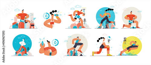 Runners set. Flat vector concept illustrations of male and female athletes running in the park, forest, stadium track or street landscape. Healthy activity and lifestyle. Sprint, jogging, warming up.