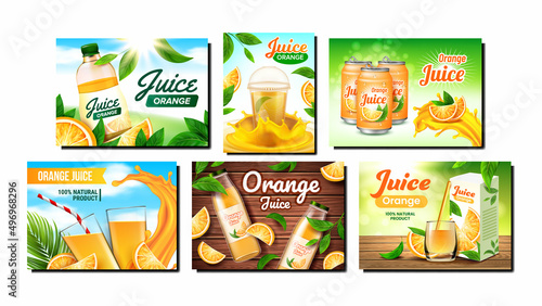 Orange Juice Creative Promotion Posters Set Vector. Orange Juice Blank Packages And Glass, Ripe Citrus Slices And Plant Leaves Collection Advertising Banners. Style Concept Template Illustrations