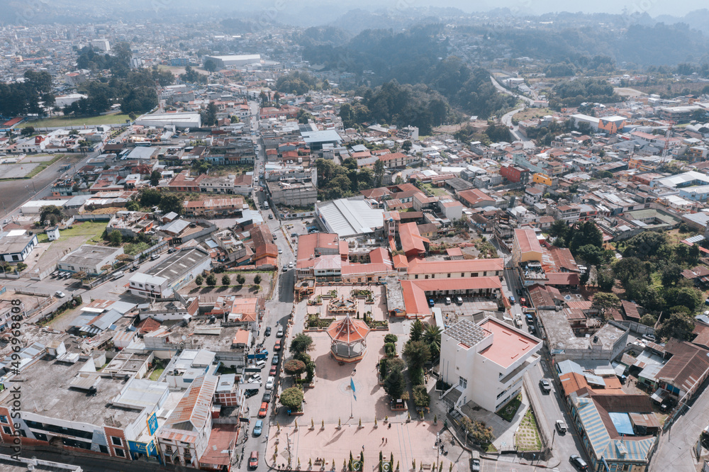 Central park in San Marcos Guatemala - Aerial shot of central square in the city - small town in Latin America