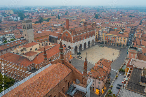 Aerial view over Piazza dei Cavalli in the center of Italian town Piacenza