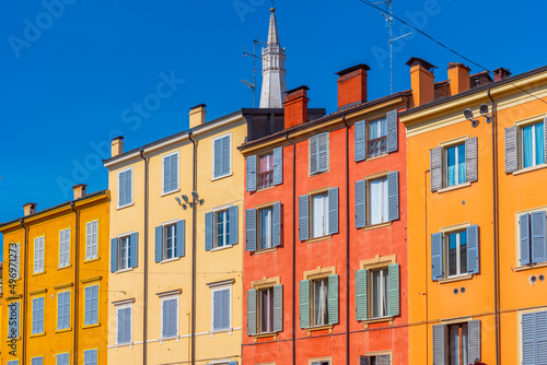 Colorful facades of historical building in Italian town Modena