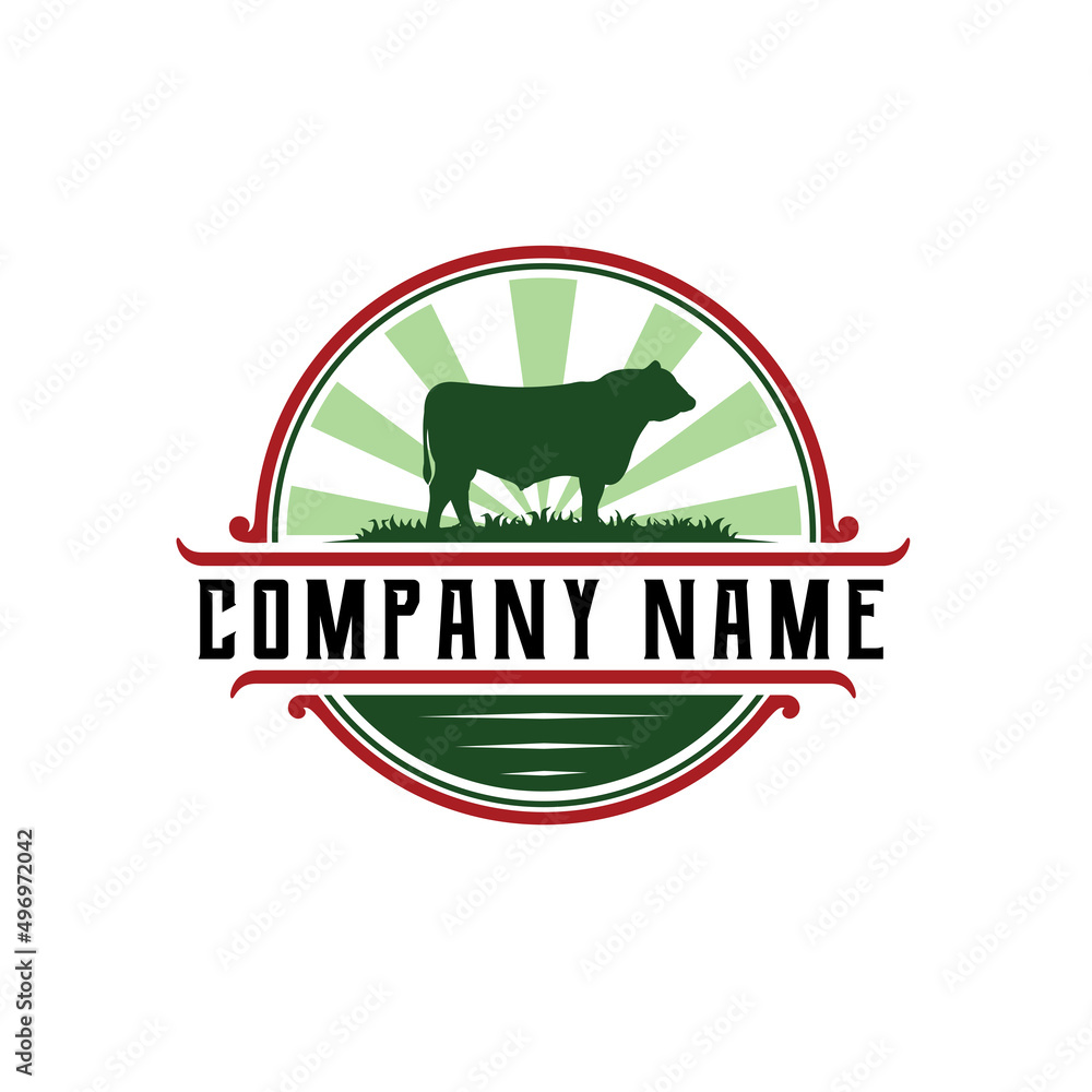 Obraz premium Cattle Farm Logo Design, retro or vintage style, stock Vector