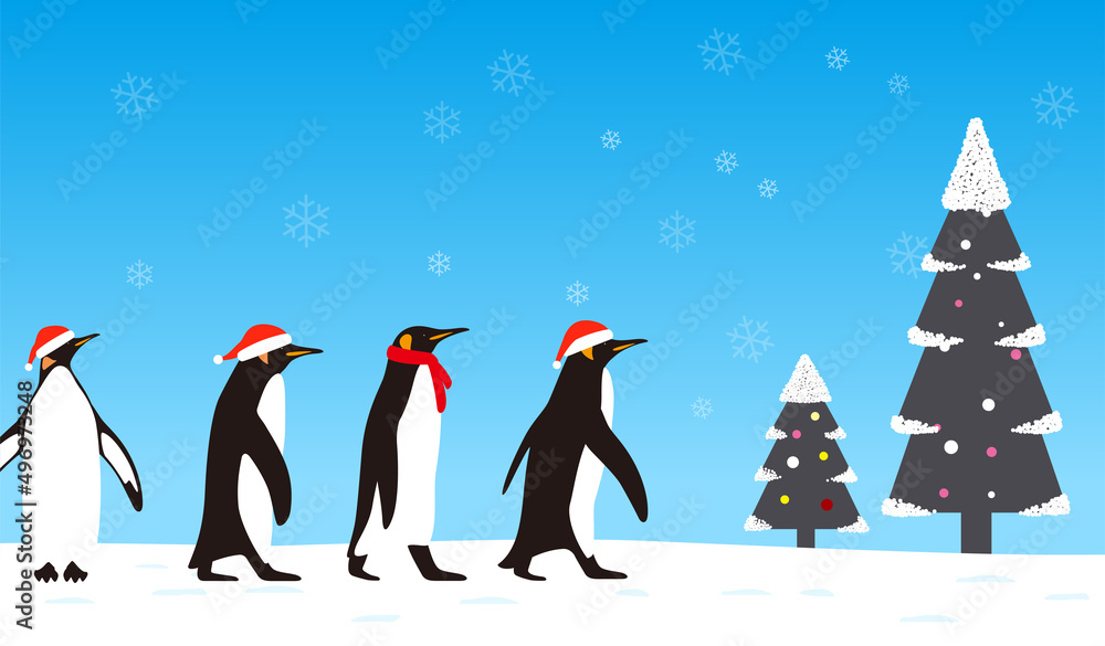 Obraz premium Penguin walking with Christmas hat, greeting card design, vector