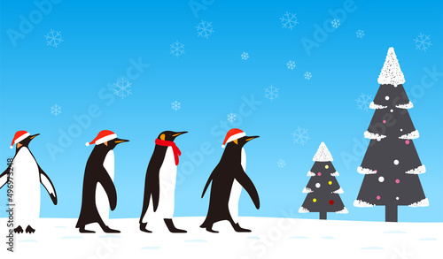 Penguin walking with Christmas hat, greeting card design, vector