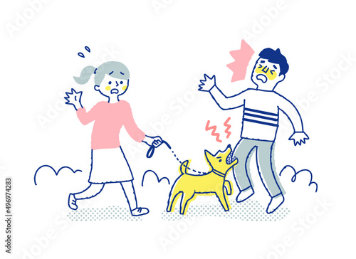 散歩中に他人を噛む犬と焦っている飼い主