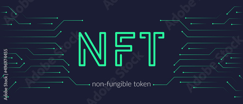 NFT concept, blockchain technology, cryptocurrency. Non-fungible token Work. Futuristic background, with elements in techno style microchips. Banner template design for web. Copyspace.