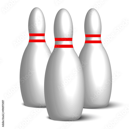 Realistic white skittles on white background. Bowling symbol. Vector illustration. stock image. 