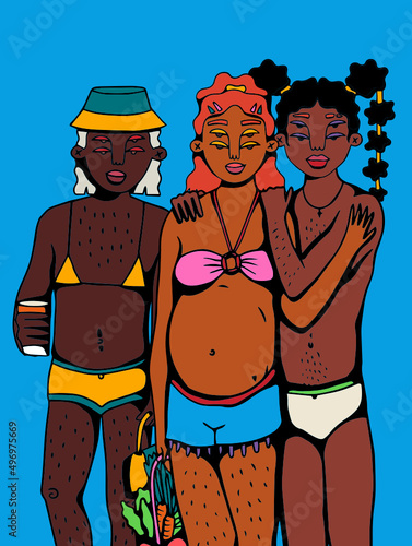 Three friends with pregnant person
