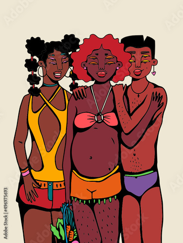 Three friends with pregnant person