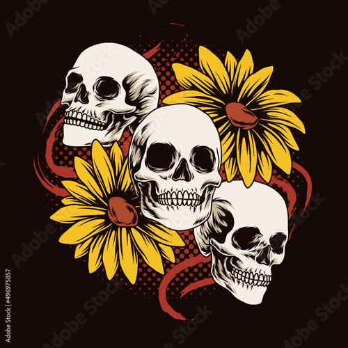three skull head and sunflower