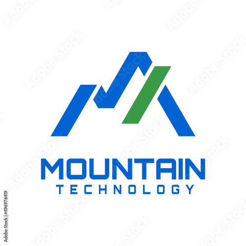 mountain M tech logo concept with flat blue and green color style