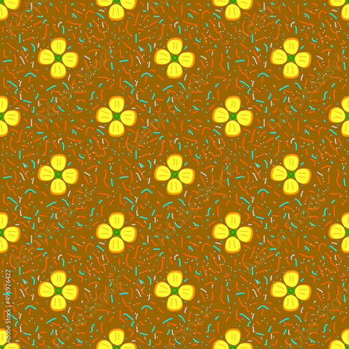 Yellow floral pattern wallpaper with doodle background, seamless pattern, brown background.