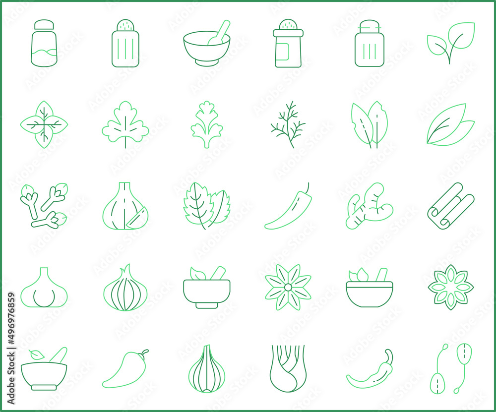 Set of herbs and spices icons line style. It contains such Icons as basil, parsley, rosemary, bay leaf, chili, onion, dill, cloves, garlic and other elements. Set of herbs and spices icons line style. It contains such Icons as basil, parsley, rosemary, bay leaf, chili, onion, dill, cloves, garlic and other elements.