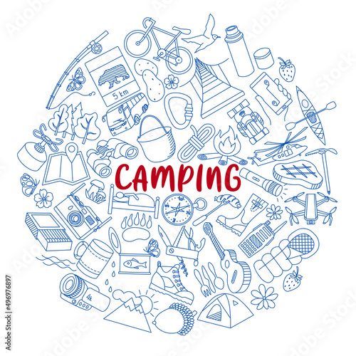Set of outline icons on the theme of camping, hiking and summer outdoor recreation. Collection of equipment for tourism and camping. Vector monochrome illustrations isolated on white background.