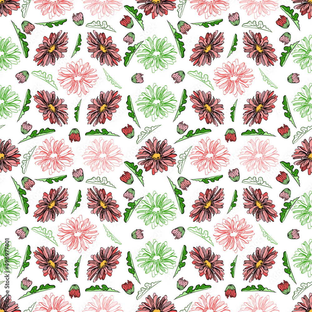 Seamless botanical pattern with gerbera flowers and buds and leaves in doodle technique on a white background Seamless botanical pattern with gerbera flowers and buds and leaves in doodle technique on a white background