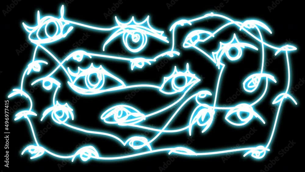 Neon blue eyes with doodlestyle eyelashes. Animation of a shining neon