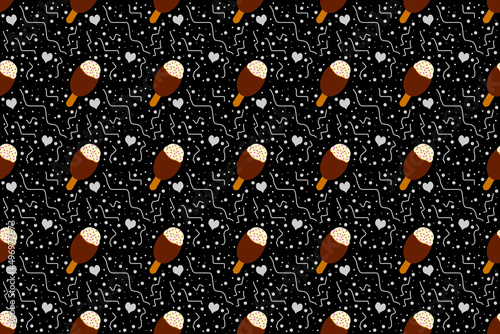 Seamless cute ice cream stick pattern on black background with doodles.