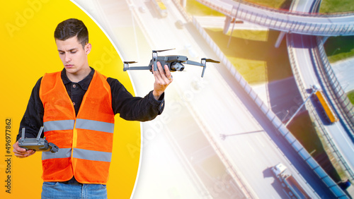 Drone operator on backgroun...