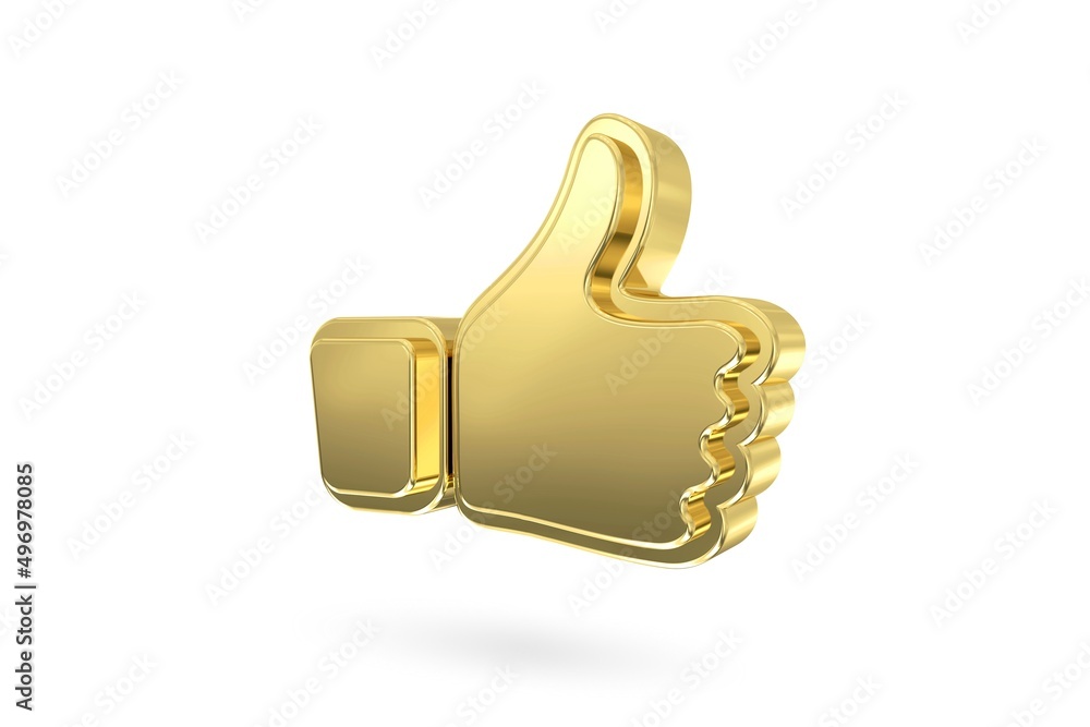 Abstract gold thumb up icon isolated from the white background. 3d rendering