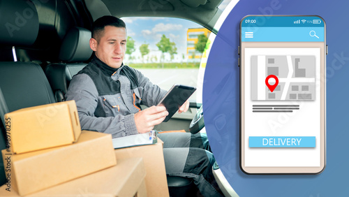 Express delivery. Courier with tablet. Deliveryman in van. E-tablet with delivery app interface. Map and delivery button in app. Courier vacancies. Career in courier business. Portrait of postman