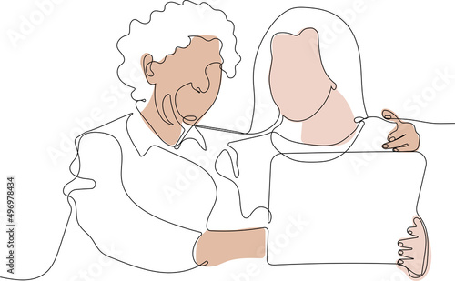 Continuous one line drawing of adult daughter helps to elderly mother with notebook usage explains teaches older relative or your design minimal outline. Vector illustration