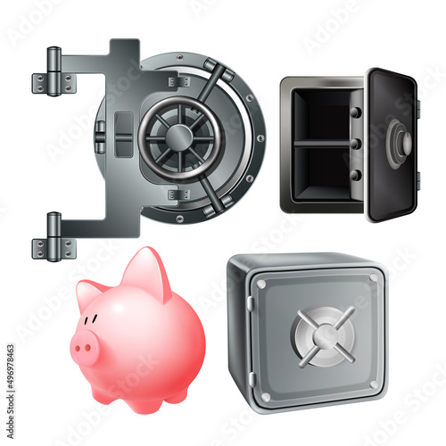 Piggybank And Bank Safe Lock Protect Set Vector. Pig Bank, Opened And Closed Metallic Box For Safe Money And Treasure. Vault Stainless Door Mechanism Template Realistic 3d Illustrations