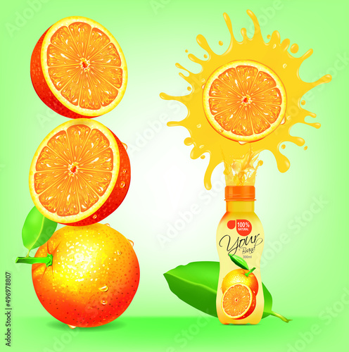 Orange bottle design with orange juice splashes.illustration vector