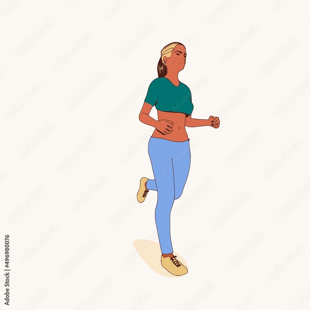 Running woman. Sport girl illustration. Casual sportwear - t-shirt, breeches and sneakers. Young woman wearing workout clothes. Sport fashion girl outline in urban casual style. Running woman. Sport girl illustration. Casual sportwear - t-shirt, breeches and sneakers. Young woman wearing workout clothes. Sport fashion girl outline in urban casual style.