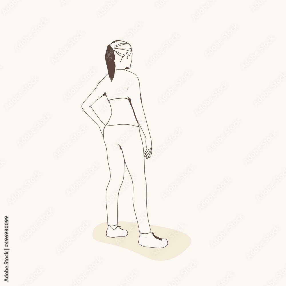 Fototapeta premium Standing woman. Sport girl illustration. Casual sportwear - t-shirt, breeches and sneakers. Young woman wearing workout clothes. Sport fashion girl outline in urban casual style.
