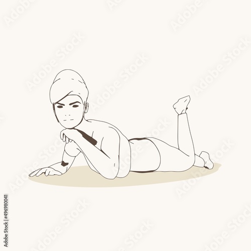 Lying woman. Sport girl illustration. Casual sportwear - t-shirt, breeches and sneakers. Young woman wearing workout clothes. Sport fashion girl outline in urban casual style.
