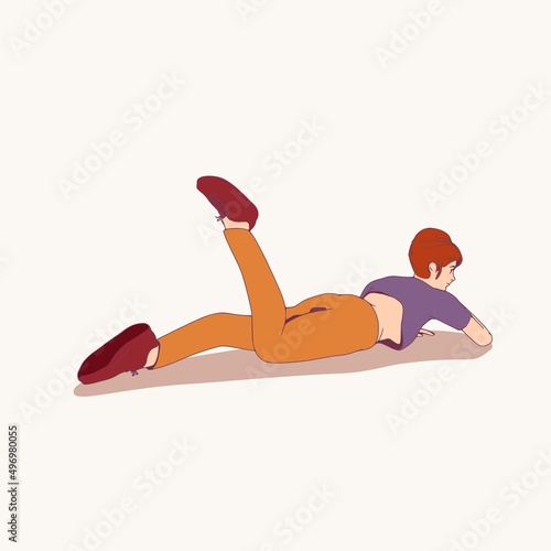 Lying woman. Sport girl illustration. Casual sportwear - t-shirt, breeches and sneakers. Young woman wearing workout clothes. Sport fashion girl outline in urban casual style.