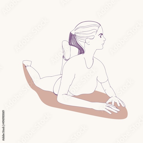 Lying woman. Sport girl illustration. Casual sportwear - t-shirt, breeches and sneakers. Young woman wearing workout clothes. Sport fashion girl outline in urban casual style.
