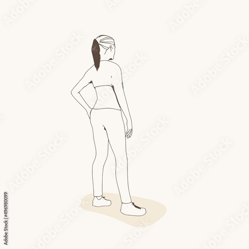 Standing woman. Sport girl illustration. Casual sportwear - t-shirt, breeches and sneakers. Young woman wearing workout clothes. Sport fashion girl outline in urban casual style.