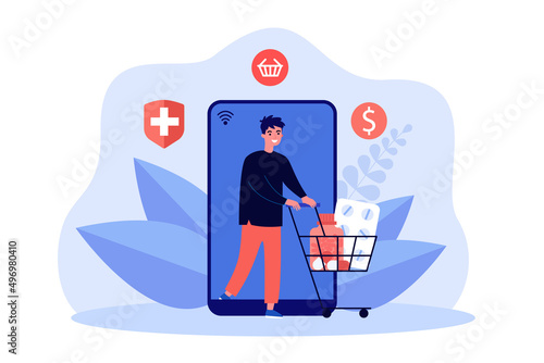 Man buying medication through pharmacy mobile app. Tiny person pulling cart on phone screen flat vector illustration. Drug store, delivery concept for banner, website design or landing web page