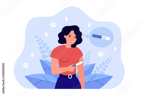 Happy young mother holding positive test with two strips. Smile of pregnant woman planning baby flat vector illustration. Pregnancy, medicine concept for banner, website design or landing web page