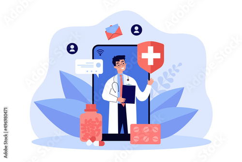 Telehealth mobile app with doctor on phone screen. Online advices of man with stethoscope flat vector illustration. Telemedicine, healthcare concept for banner, website design or landing web page