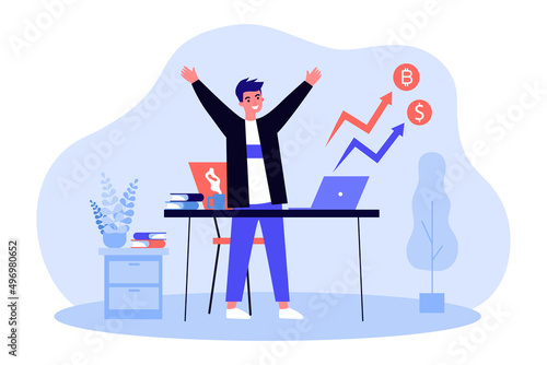 Happy businessman investing in rising bitcoin. Financial increase of mans investment in stock market flat vector illustration. Crypto money concept for banner, website design or landing web page