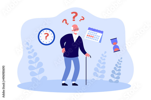 Problem with time management of elderly man. Tiny old person with question marks, schedule, clock flat vector illustration. Dementia, Alzheimer concept for banner, website design or landing web page