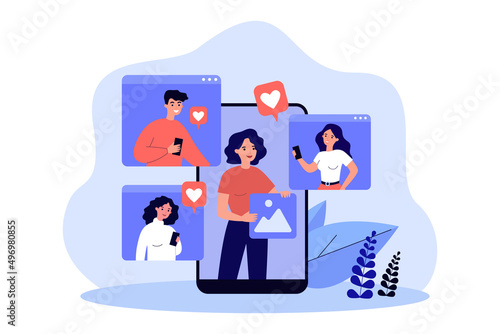 Tiny people on phone screens giving likes to bloggers content. Woman holding picture from channel in hand flat vector illustration. Blog concept for banner, website design or landing web page