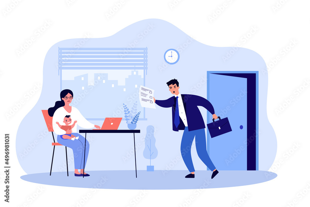 Man giving paper document to frustrated woman with child. Sad news from shocked male character flat vector illustration. invoice, dismissal concept for banner, website design or landing web page Man giving paper document to frustrated woman with child. Sad news from shocked male character flat vector illustration. invoice, dismissal concept for banner, website design or landing web page