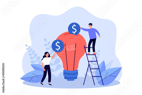 Business people investing in creative idea. Tiny man and woman throwing coins into light bulb flat vector illustration. Investment, innovation concept for banner, website design or landing web page