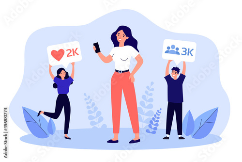 Tiny man and woman giving likes and followers to bloggers post. Influence of female leader on community flat vector illustration. Social media concept for banner, website design or landing web page