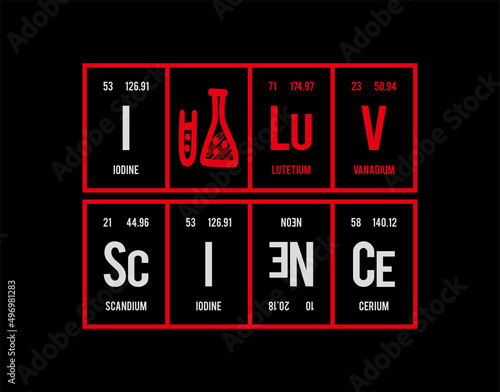 I Love Science - Periodic Table of Elements on black background in vector illustration.