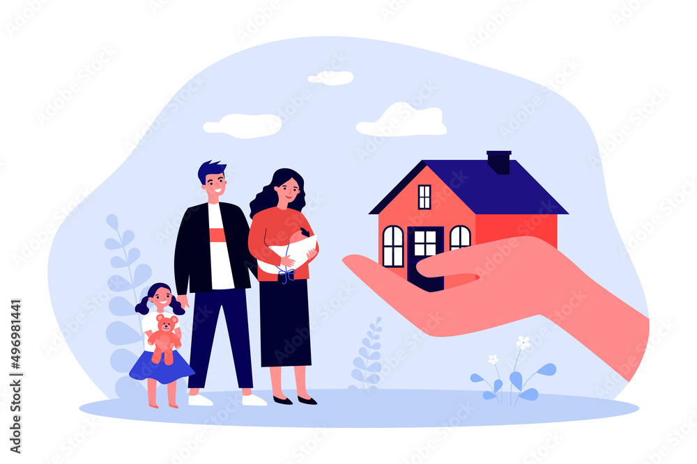 Hand giving new home to father, mother and kids. Family house for man, woman and children flat vector illustration. Property, loan, real estate concept for banner, website design or landing web page Hand giving new home to father, mother and kids. Family house for man, woman and children flat vector illustration. Property, loan, real estate concept for banner, website design or landing web page