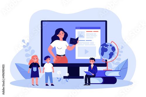 Online video lesson for children from teacher. Tiny kids learning near computer screen flat vector illustration. Distance education, service concept for banner, website design or landing web page