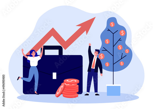 Financial profit of business people growing money tree. Tiny man and woman standing near briefcase, rising chart flat vector illustration. Budget concept for banner, website design or landing web page