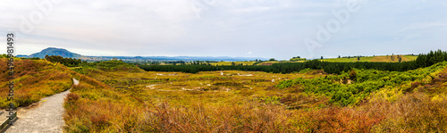 Panoramic view of the geothermal fields of Craters of the Moon in Taupo, New Zealand