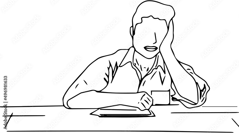 Line art illustration of man sitting in worry and sad mode, outline sketch drawing of man sitting in sad worry pose Line art illustration of man sitting in worry and sad mode, outline sketch drawing of man sitting in sad worry pose